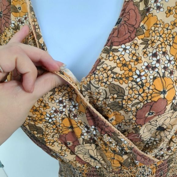 Jessica Simpson Floral Brown Beige and Orange V neck mini Dress size SX - Picture 4 of 8